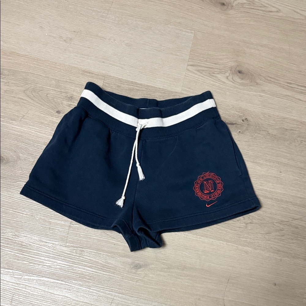 Nike Navy Blue Thick Cotton Athletic Shorts Retro with White and Red Accents